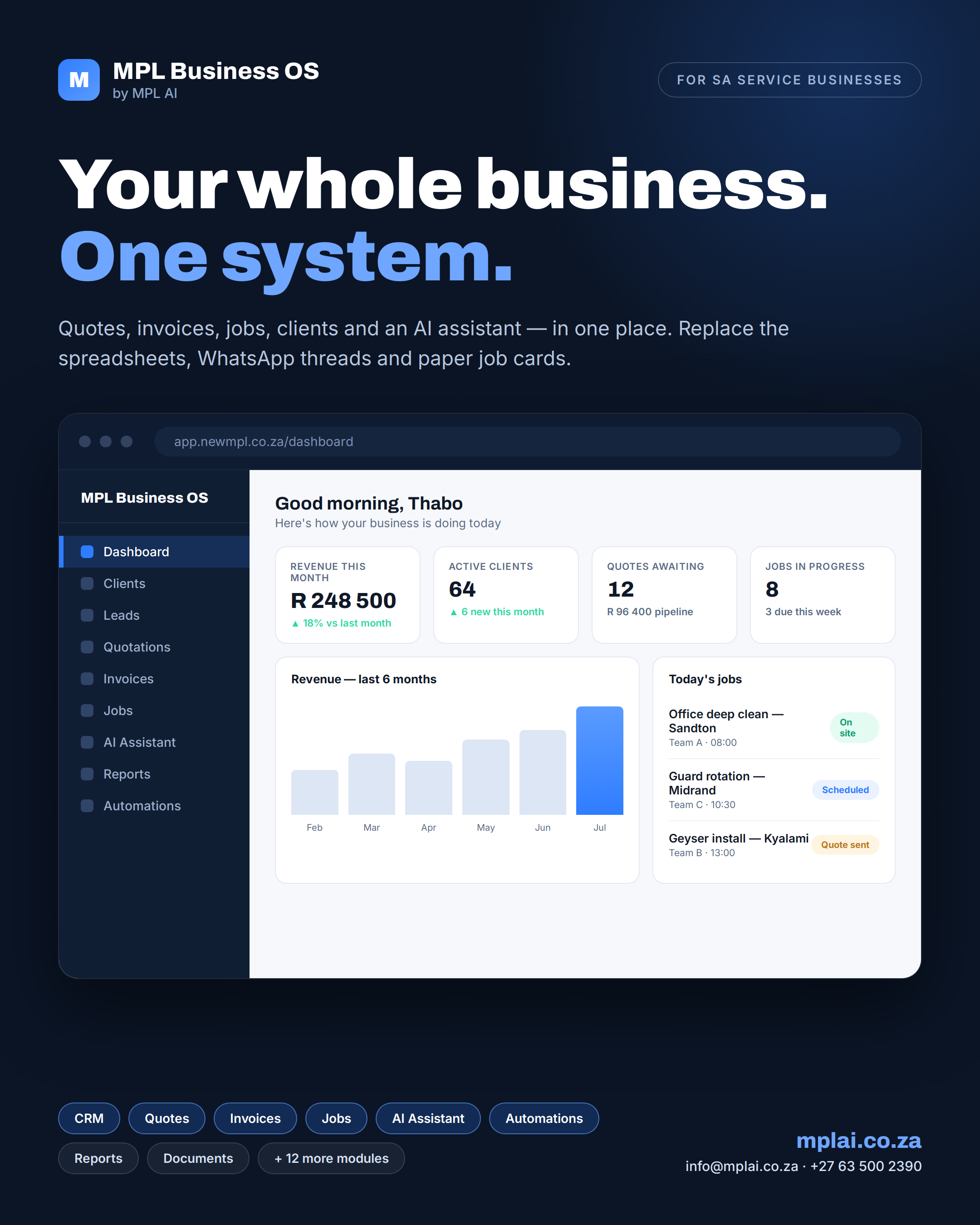 MPL Business OS dashboard showing monthly revenue, active clients, quotes awaiting, jobs in progress, a revenue chart, and today's job schedule